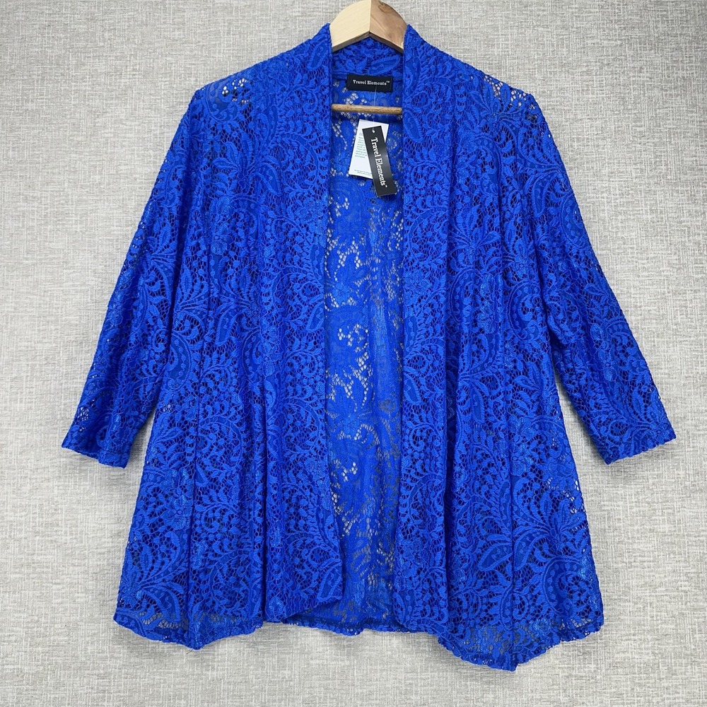 Travel Elements Jacket Womens Medium Royal Blue Lace Kimono Open Front Sheer‎